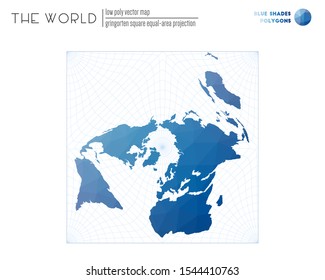 World map with vibrant triangles. Gringorten square equal-area projection of the world. Blue shades colored polygons. Stylish vector illustration.