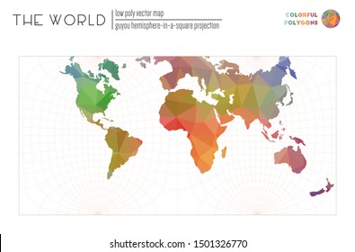 World map with vibrant triangles. Guyou hemisphere-in-a-square projection of the world. Colorful polygons. Trending vector illustration.