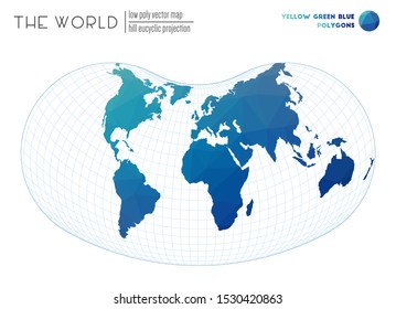 World map with vibrant triangles. Hill eucyclic projection of the world. Yellow Green Blue colored polygons. Amazing vector illustration.