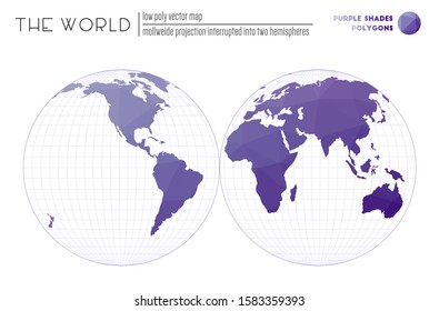World map with vibrant triangles. Mollweide projection interrupted into two hemispheres of the world. Purple Shades colored polygons. Amazing vector illustration.
