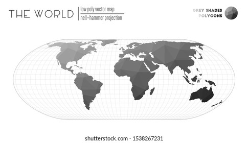 World map with vibrant triangles. Nell-Hammer projection of the world. Grey Shades colored polygons. Neat vector illustration.