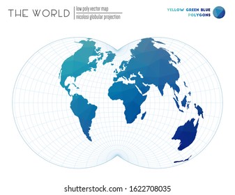 World map with vibrant triangles. Nicolosi globular projection of the world. Yellow, green, and blue colored polygons. Elegant vector illustration.