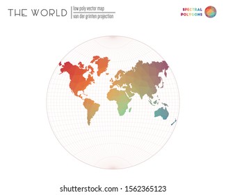 World map with vibrant triangles. Van der Grinten projection of the world. Spectral colored polygons. Stylish vector illustration.