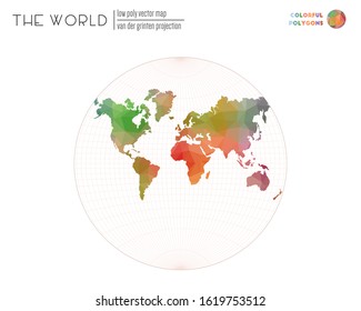 World map with vibrant triangles. Van der Grinten projection of the world. Colorful polygons. Amazing vector illustration.