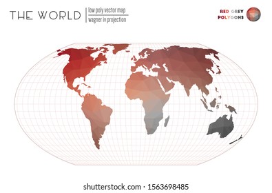 World map with vibrant triangles. Wagner IV projection of the world. Red Grey colored polygons. Beautiful vector illustration.