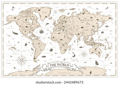 World Map Vintage Ancient Cartoon - Vector Illustration. Sepia Colors