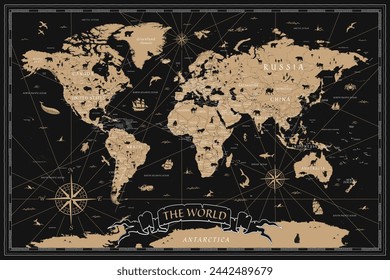 World Map Vintage Ancient Cartoon - Vector Illustration. Black and Golden Colors svg