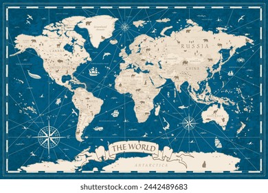 World Map Vintage Ancient Cartoon - Vector Illustration. Dark Blue and Beige Colors