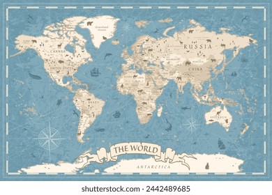 World Map Vintage Ancient Cartoon - Vector Illustration. Blue Colors