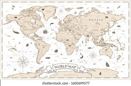 Caricatura de época del Mapa Mundial detallada - vector con capas