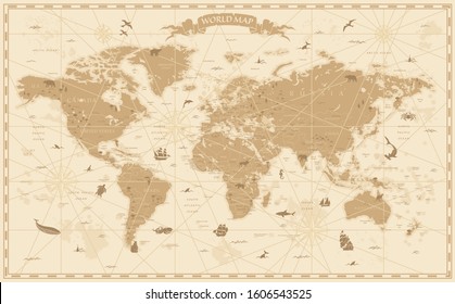 World Map Vintage Cartoon Detailed - Vector