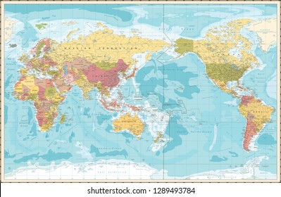 World Map Vintage Color Pacific Centred. Detailed Vector Illustration of Pacific Centered Political World Map Vintage Color.