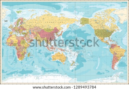 World Map Vintage Color Pacific Centred. Detailed Vector Illustration of Pacific Centered Political World Map Vintage Color. Foto d'archivio © 