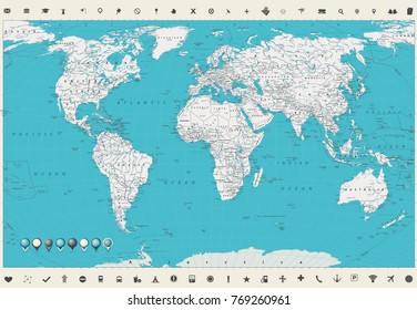 World Map. Vintage colors and map markers. Detailed World Map vector illustration.