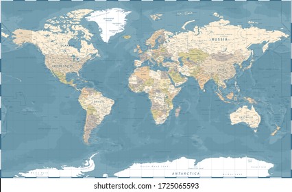 World Map Vintage Dark Political - Vector Detailed Illustration