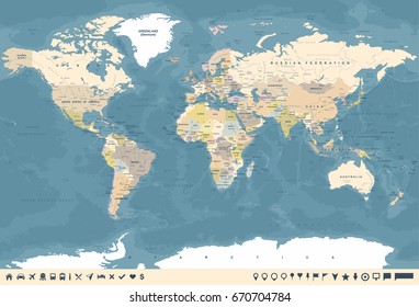 World Map in Vintage Design. Worldmap Vector Flat Illustration