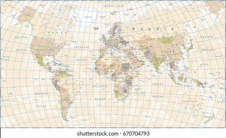 World Map in Vintage Design. Worldmap Vector Flat Illustration