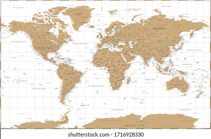 World Map Vintage Golden Political - Vector Detailed Illustration