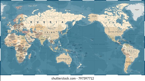 World Map Vintage Old Retro - Asia in Center- vector