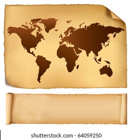 Mapa mundial en patrones antiguos y papel viejo. Vector.