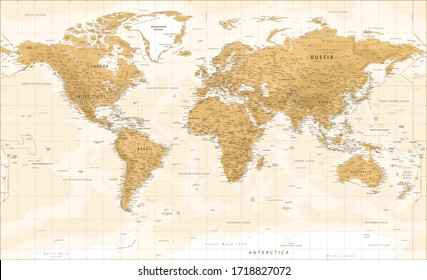 World Map - Vintage Physical Topographic - Vector Detailed Illustration