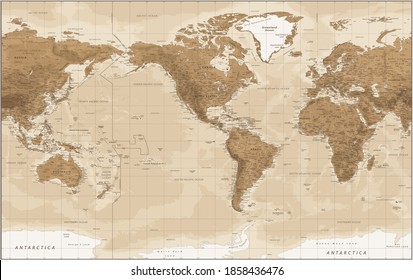 World Map - Vintage Physical Topographic - American View - America in Center - Vector Detailed Illustration
