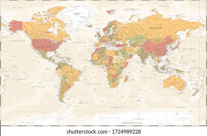 World Map Vintage Political - Vector Detailed Illustration