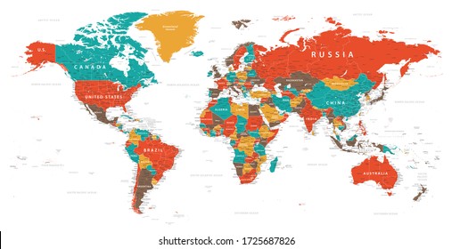 World Map Vintage Political - Vector Detailed Illustration - Layers - Shutterstock ID 1725687826