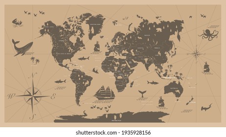 The world map in vintage style  with all countries boundaries and names 