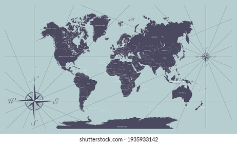 Mapa mundial en estilo vintage con todos los países límites y nombres 