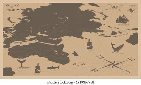 The world map in vintage style, Asian Europe, Africa, vector illustration.