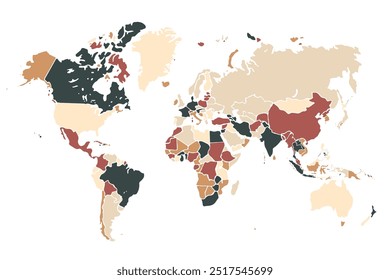 World map in vintage style with detailed country borders. international,sign,art,region,city,contour,nation,infographic,political,concept,outline.