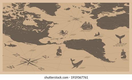 The world map in vintage style, North America, South America, vector illustration.