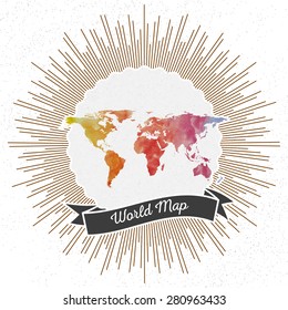 World map with vintage style star burst, colorful rainbow watercolor background, retro element for your design.