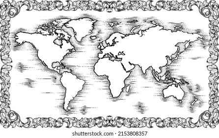 A world map in a vintage woodcut engraved style