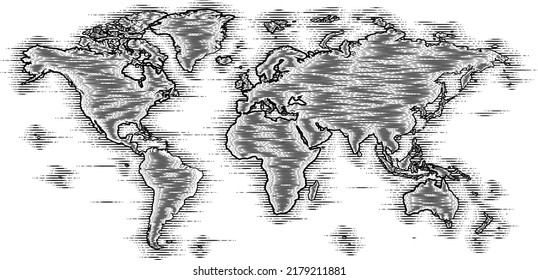 A world map in a vintage woodcut engraved style