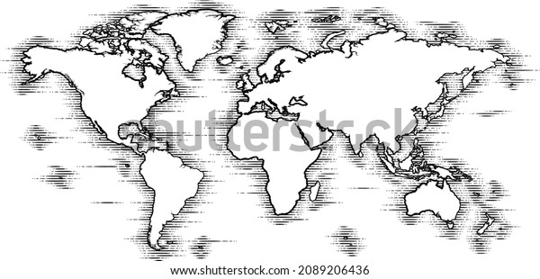 A world map in a vintage woodcut engraved style, black and white wall art illustration. 