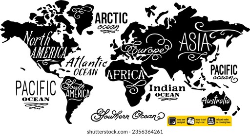 World map Vinyl ready vintage design map of the world ornamental design with artistic lettering in English language created for vinyl cutting or cnc plasma. Wall sticker. Black and white silhouette.