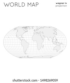 World map in Wagner IV projection with graticule lines, outlined vector illustration.