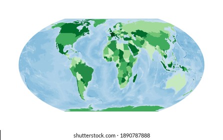 World map in Wagner IV projection, featuring green landmasses and blue oceans. Vector illustration.
