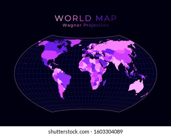 World Map. Wagner projection. Digital world illustration. Bright pink neon colors on dark background. Classy vector illustration.