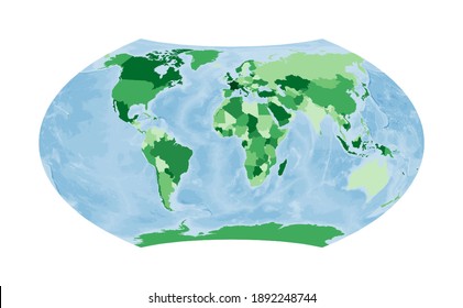World Map. Wagner projection. World in green colors with blue ocean. Vector illustration.