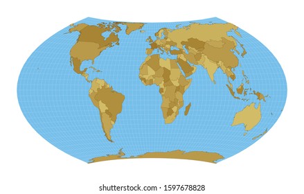 World Map. Wagner VII projection. Map of the world with meridians on blue background. Vector illustration.