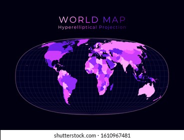 World Map. Waldo R. Tobler's hyperelliptical projection. Digital world illustration. Bright pink neon colors on a dark background. Beautiful vector illustration.