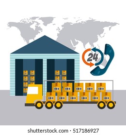 world map with warehouse and cargo truck vehicle. export and import colorful design. vector illustration