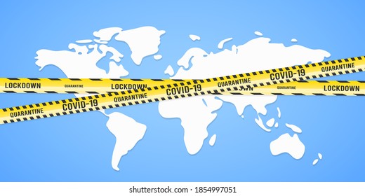 World map with warning tapes coronavirus concept