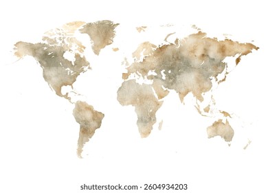 World Map Watercolor - Art Decorative Vector Illustration of the World Map in Brown Gray Terracotta Colors - Ideally for Interior Print