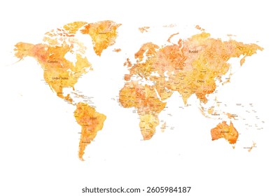 World Map Watercolor - Art Decorative Vector Illustration of the World Map in Yellow Orange Red Colors - Ideally for Interior Print