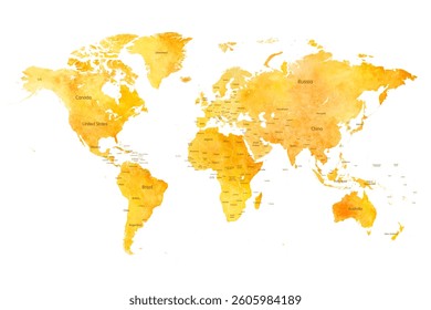 World Map Watercolor - Art Decorative Vector Illustration of the World Map in Bright Yellow Orange Sunny Colors - Ideally for Interior Print