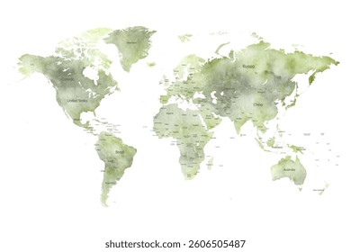 World Map Watercolor - Art Decorative Vector Illustration of the World Map in Swamp Green Colors - Ideally for Interior Print
